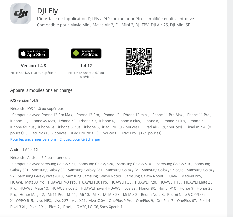 Compatibilité DJI Fly avec smartphone/tablette